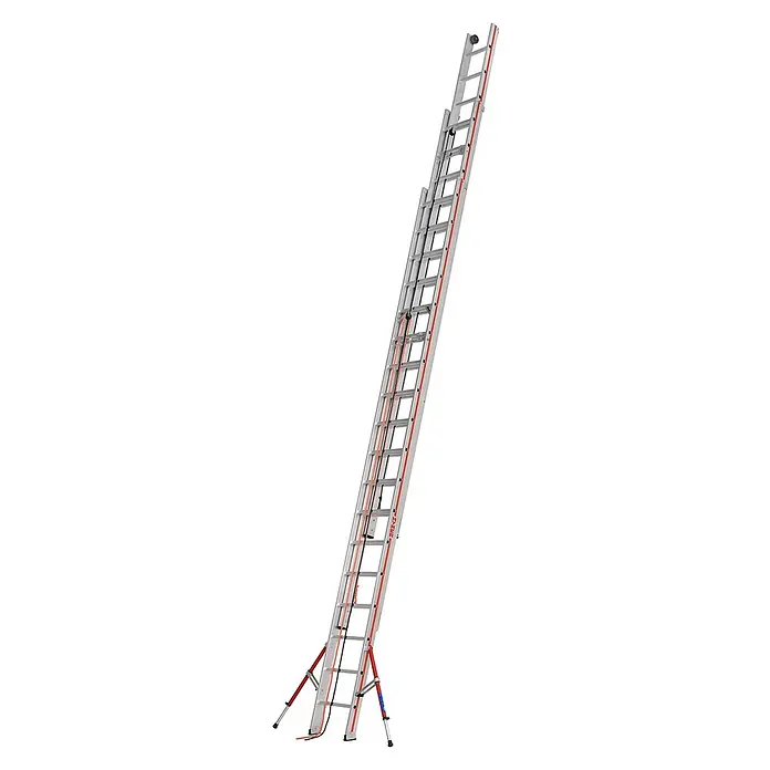 Hymer Seilzugleiter Seilzugleiter klappbarer Teleskopausleger 3x18 Sprossen - Arbeitshöhe: 12.840 m, Aluminium - Silberne Aluminium-Ausziehleiter mit roten Akzenten, Seilzugsystem und roten Stützbeinen.
