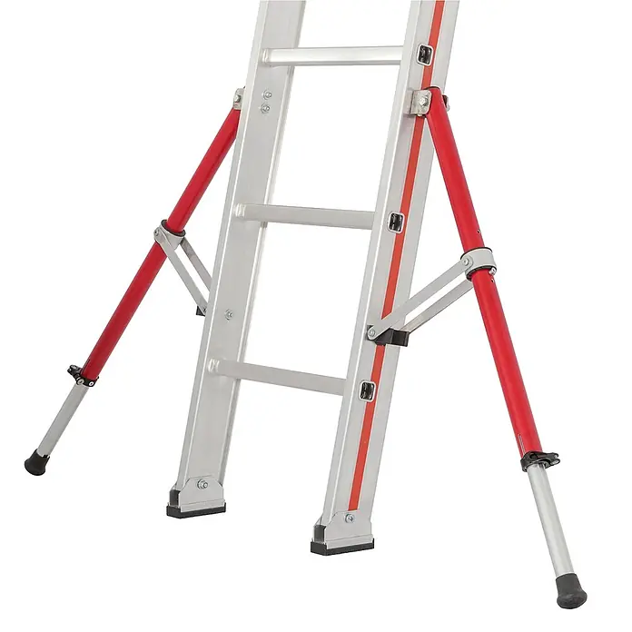 Hymer Seilzugleiter Seilzugleiter Teleskopausleger 2x14 Sprossen - Arbeitshöhe: 8.190 m, Aluminium - Silberne Aluminiumleiter mit roten Stabilisierungsstangen und schwarzen Antirutschfüßen.