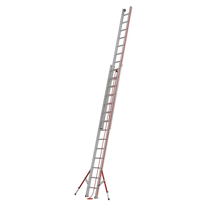 Hymer Seilzugleiter Seilzugleiter Teleskopausleger 2x14 Sprossen - Arbeitshöhe: 8.190 m, Aluminium - Aluminium-Schiebeleiter mit rotem Seil und roten Stabilisierungsfüßen.