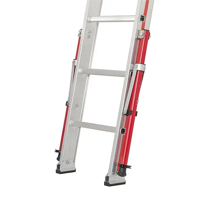 Hymer Seilzugleiter Seilzugleiter Teleskopausleger 2x14 Sprossen - Arbeitshöhe: 8.190 m, Aluminium - Nahaufnahme einer silber-roten Mehrzweckleiter aus Aluminium mit sichtbaren Verriegelungen und schwarzen Antirutschfüßen.