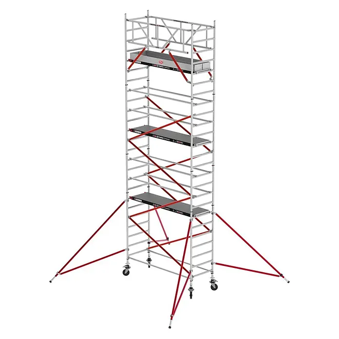 Altrex Rollgerüst Fahrgerüst RS Tower 51 Plus Aluminium 0,90m breiter Rahmen mit Fiber-Deck - Arbeitshöhe: 8.200 m - Mobiler Aluminium-Gerüstturm mit roten Streben und schwarzen Plattformen, auf Rollen.