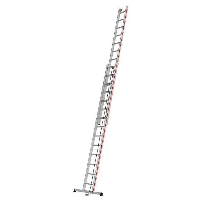 Hymer Seilzugleiter Seilzugleiter 2x14 Sprossen - Arbeitshöhe: 7.700 m, Aluminium - Silberne Aluminium-Ausziehleiter mit schwarzem Seilzug und breitem Stabilisatorfuß.
