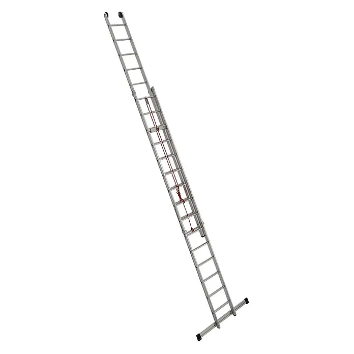 Euroline Seilzugleiter Premium 312 Seilzugleiter 2x15 Sprossen - Anzahl Tritte: 15 Stk., Arbeitshöhe: 8.950 m - Silberne Aluminium-Zweiteil-Anlegeleiter mit rotem Seilzug, Basis-Stabilisator und oberen Rollen.