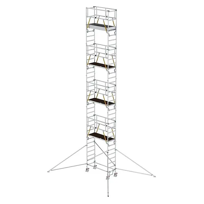 Munk Rollgerüst Rollgerüst SG mit Ausleger 0,75x1,80m Plattform 11,51m AH - Arbeitshöhe: 11.510 m - Hohes, silbergraues Aluminium-Rollgerüst mit dunklen Plattformen und Auslegern für Stabilität.
