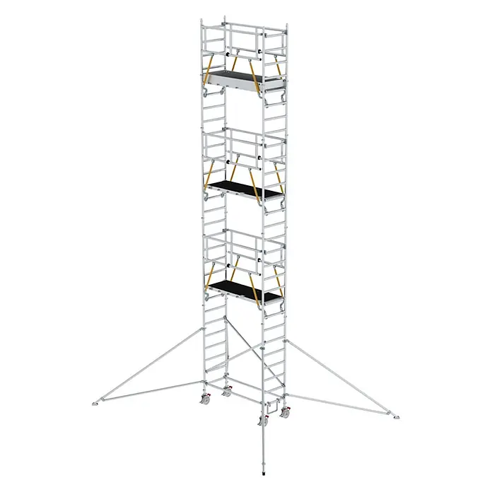 Munk Rollgerüst Rollgerüst FlexxTower SGX ergo mit klappbaren Dreieckauslegern und Schwenk - Arbeitshöhe: 9.550 m - Hoher, mehrstufiger Aluminium-Rollgerüstturm mit Plattformen, Sicherheitsgeländern, Auslegern und Rädern.