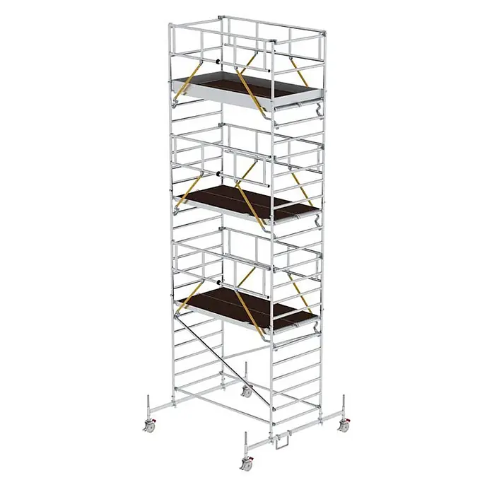 MUNK Rollgerüst SG mit Doppelplattform 1,35x2,45m Plattform 8,62m AH -  - Mobiler Aluminium-Gerüstturm mit mehreren braunen Plattformen und gelben Diagonalstreben.