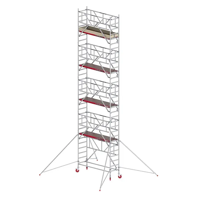 Altrex Rollgerüst Fahrgerüst RS Tower 41-S Aluminium mit Safe-Quick und Holz-Plattform 10,20 - Arbeitshöhe: 10.200 m - Hohes, mehrstöckiges fahrbares Aluminium-Gerüst mit roten Plattformen, Auslegern für Stabilität und Rollen zur Bewegung.
