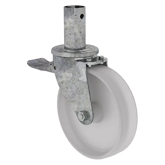 Munk Rollgerüst Lenkrolle mit Feststellbremse und Zapfen 200mm Durchmesser -  - Graues Metall-Gerüstlenkrad mit weißem Rad, Bremse und oberem Zapfenanschluss.