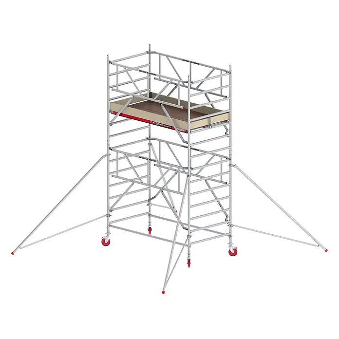 Altrex Rollgerüst Fahrgerüst RS Tower 42-S Aluminium Safe-Quick mit Holz-Plattform 5,20m AH - Arbeitshöhe: 5.200 m - Silberfarbenes Aluminium-Rollgerüst mit roten Rollen und Auslegern für Stabilität, ausgestattet mit Holzplattformen für Arbeiten in der Höhe.