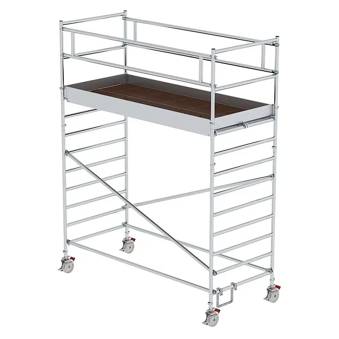 Munk Rollgerüst Rollgerüst mit Doppelplattform 1,35x3,00m Plattform, 5,00m AH - Arbeitshöhe: 5.000 m - Silbernes Aluminium-Rollgerüst mit Holzplattform und feststellbaren Lenkrollen.