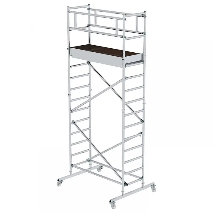 Munk Rollgerüst Aluminium Standard Rollgerüst 5,20m AH (DIN EN 1004:2005) - Arbeitshöhe: 5.200 m - Mobiles Gerüst aus silbernem Metall mit brauner Plattform, ausgestattet mit Rollen für leichte Bewegung.