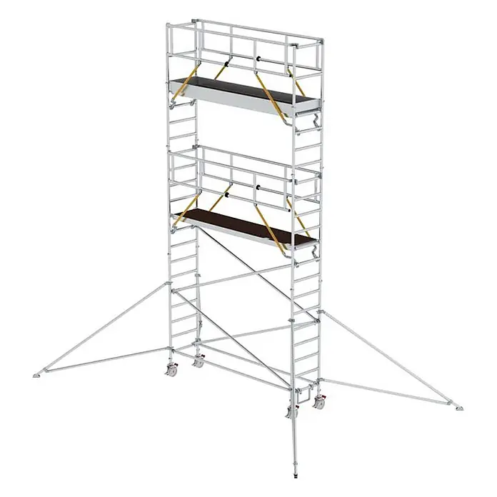 Munk Rollgerüst Rollgerüst SG mit Ausleger 0,75x3,00m Plattform 7,59m AH - Arbeitshöhe: 7.590 m - Mobiles Aluminium-Rollgerüst mit zwei Plattformen, Geländern, Auslegern und feststellbaren Lenkrollen.
