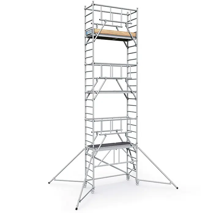 Zarges Rollgerüst Klappgerüst PaxTower S-Plus 1T Gruppe 6, 7,55m AH - Arbeitshöhe: 7.550 m - Silbernes Aluminium-Rollgerüst mit Arbeitsplattformen, Auslegern und Rollen für Stabilität und Mobilität.