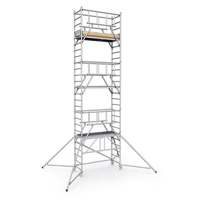 Zarges Rollgerüst Klappgerüst PaxTower S-Plus 1T Gruppe 6, 7,55m AH - Arbeitshöhe: 7.550 m - Silberfarbenes Aluminium-Fahrgerüst mit mehreren Plattformen, Rollen und Auslegern für Stabilität.