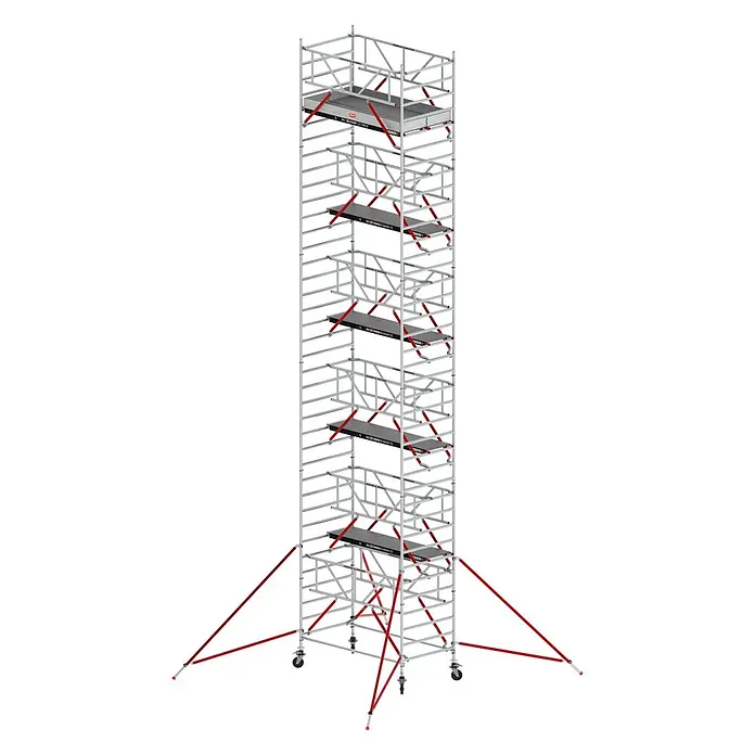Altrex Rollgerüst Fahrgerüst RS Tower 52-S Aluminium mit Safe-Quick und Fiber-Deck Plattform - Arbeitshöhe: 12.200 m - Hohes, silbernes Aluminium-Rollgerüst mit mehreren schwarzen Plattformen, roten Diagonalstreben, Rollen und roten Auslegern.