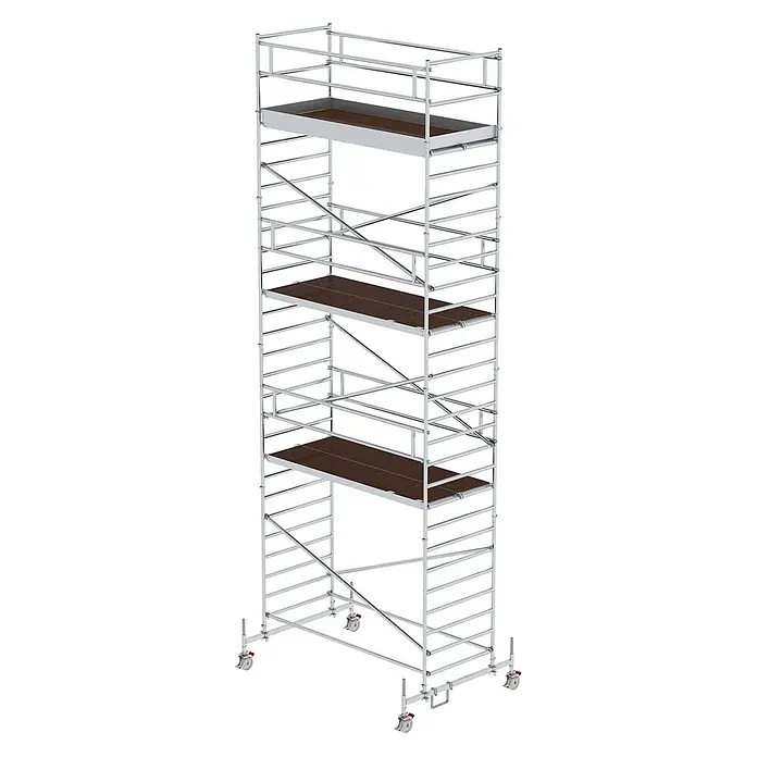 Munk Rollgerüst Rollgerüst mit Doppelplattform 1,35x3,00m Plattform, 9,35m AH - Arbeitshöhe: 9.350 m - Mehrstufiges Rollgerüst mit silbernem Metallrahmen und braunen Holzplattformen, auf Rollen.