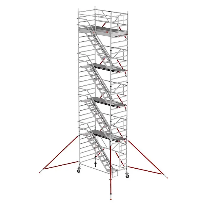 Altrex Rollgerüst Treppengerüst RS Tower 53-S Aluminium Safe-Quick mit Fiber-Deck Plattform - Arbeitshöhe: 10.200 m - Hohes, silber-graues Aluminium-Rollgerüst mit mehreren Podesten, innenliegenden Treppen, roten Auslegern und Rädern.