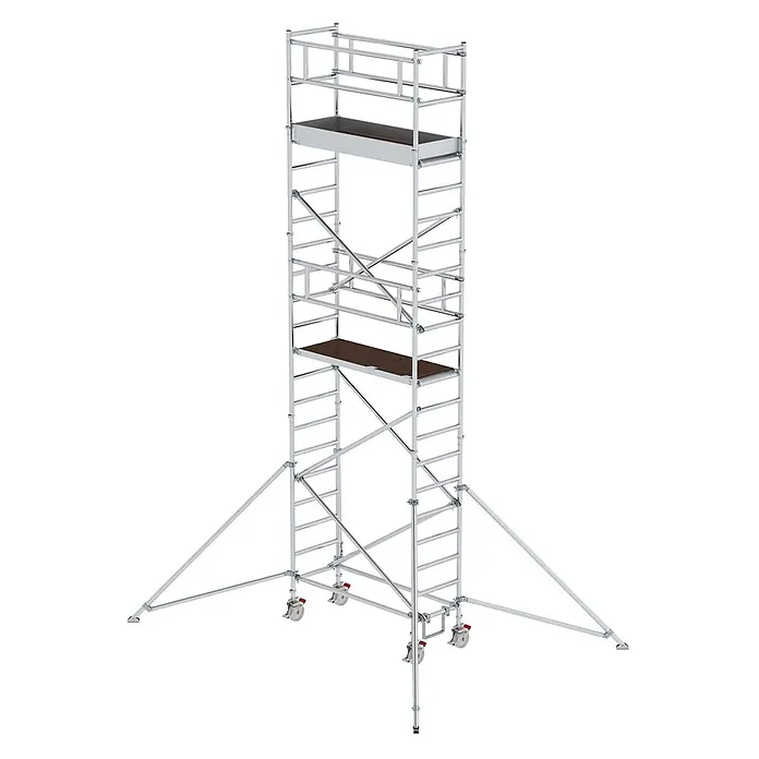 Munk Rollgerüst Aluminium-Rollgerüst mit Ausleger 1,80x0,75m Plattform 7,59m AH - Arbeitshöhe: 7.350 m - Silberner Rollgerüstturm mit dunklen Plattformen und Auslegern auf Rädern für sicheres Arbeiten in der Höhe.