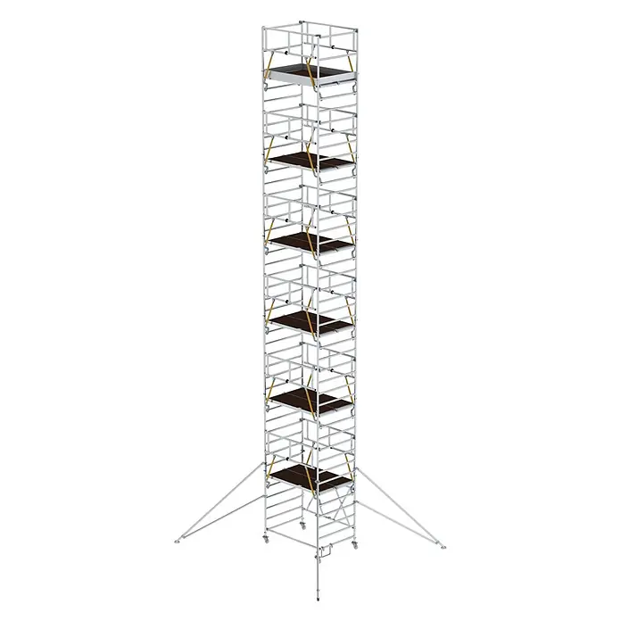 MUNK Klappgerüst SG 1,35x2,45m mit Ausleger und Sicherheitsgeländer 13,88m AH -  - Hoher, silberner Aluminium-Fahrgerüstturm mit mehreren braunen Plattformen, gelben Akzenten und Auslegern für Stabilität.