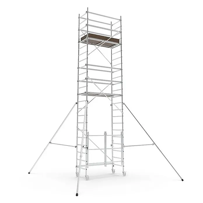 Werner Rollgerüst Tower Klappgerüst 7,00m AH - Arbeitshöhe: 6.900 m - Mobiles Aluminium-Rollgerüst mit braunen Plattformen, Auslegern und Rädern.