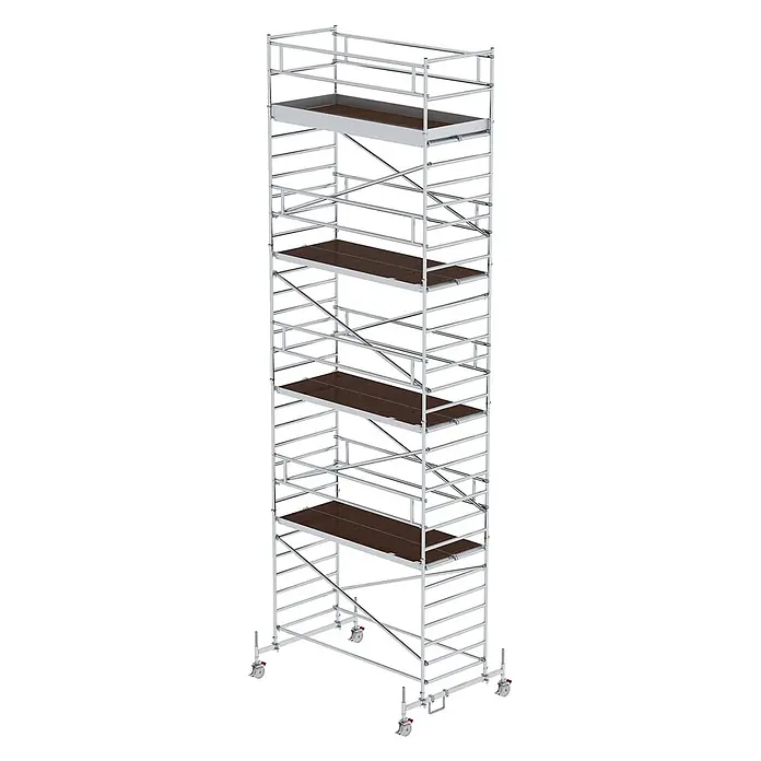 MUNK Rollgerüst mit Doppelplattform 1,35x3,00m Plattform, 10,35m AH -  - Mehrstöckiges Rollgerüst mit silbernem Aluminiumrahmen und braunen Holzplattformen auf feststellbaren Rollen.