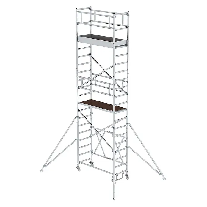 Munk Rollgerüst Klappgerüst 0,75x1,80m Plattform, 6,80m Arbeitshöhe - Arbeitshöhe: 6.800 m - Silberfarbenes Aluminium-Rollgerüst mit braunen Plattformen und Auslegern für sichere Höhenarbeit.