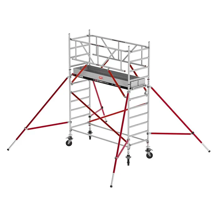 Altrex Rollgerüst Fahrgerüst RS Tower 51 Plus Aluminium 0,90m breiter Rahmen mit Fiber-Deck - Arbeitshöhe: 4.200 m - Mobiler Gerüstturm aus silbernem Aluminium mit roten Stützen und Rädern, mit Arbeitsplattform und Leitern.