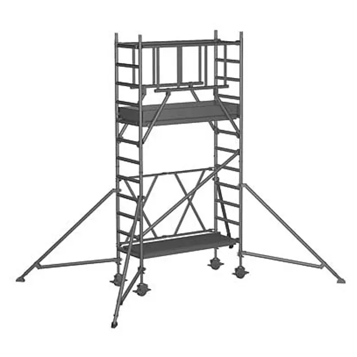 Zarges Rollgerüst Klappgerüst S-PLUS 1T 4,60m AH - Arbeitshöhe: 4.600 m - Grauer Metall-Rollgerüstturm mit Plattformen, Leitern, Auslegern und Rollen für Bau- oder Wartungsarbeiten.