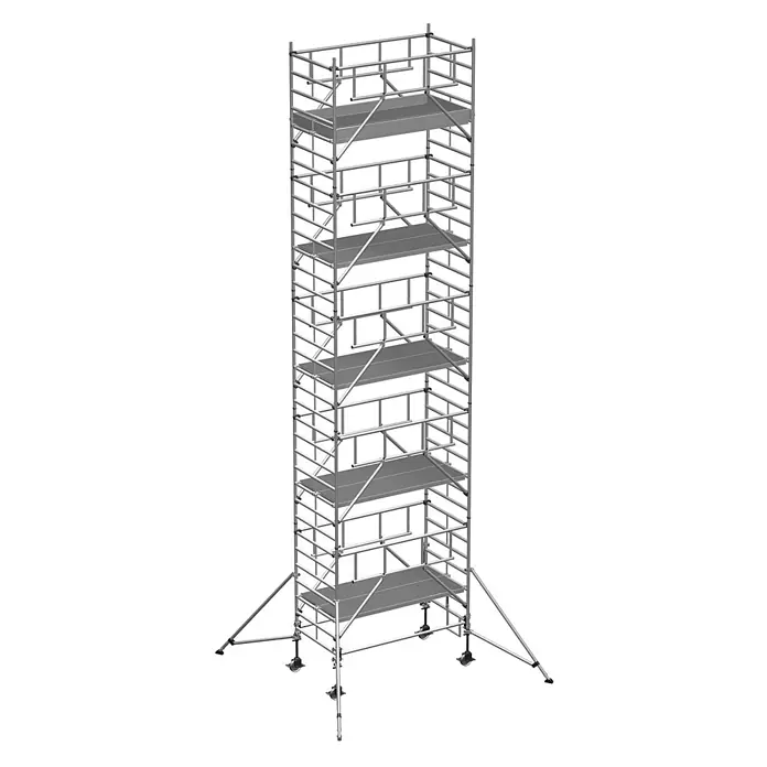 Zarges Rollgerüst Fahrgerüst MultiTower S-PLUS 2T mit Auslegern, doppelte Plattformbreite 1, - Arbeitshöhe: 11.200 m - Hohes, silberfarbenes Aluminium-Rollgerüst mit mehreren Arbeitsplattformen, Lenkrollen und Stützenauslegern.