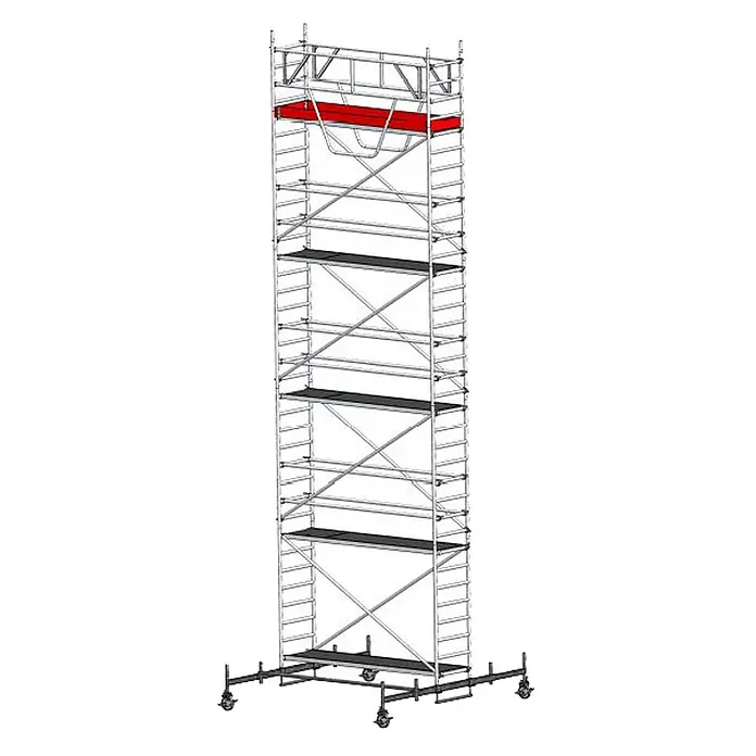 Euroline Rollgerüst Gerüst 9513 mit Sicherheitsaufbau und Fahrbalken verschiebbar 10,50m AH - Arbeitshöhe: 10.500 m - Hohes mobiles Rollgerüst mit silbernem Aluminiumrahmen, roter oberer Plattform und mehreren schwarzen Arbeitsplattformen auf Rädern.