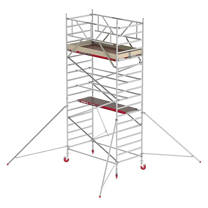 Altrex Rollgerüst Fahrgerüst RS Tower 42 Aluminium mit Holz-Plattform 6,20m AH 1,35x2,45m - Arbeitshöhe: 6.200 m - Mobiles Aluminium-Rollgerüst mit mehreren Arbeitsplattformen, Geländern, Auslegern und roten Rädern für Stabilität und Mobilität.