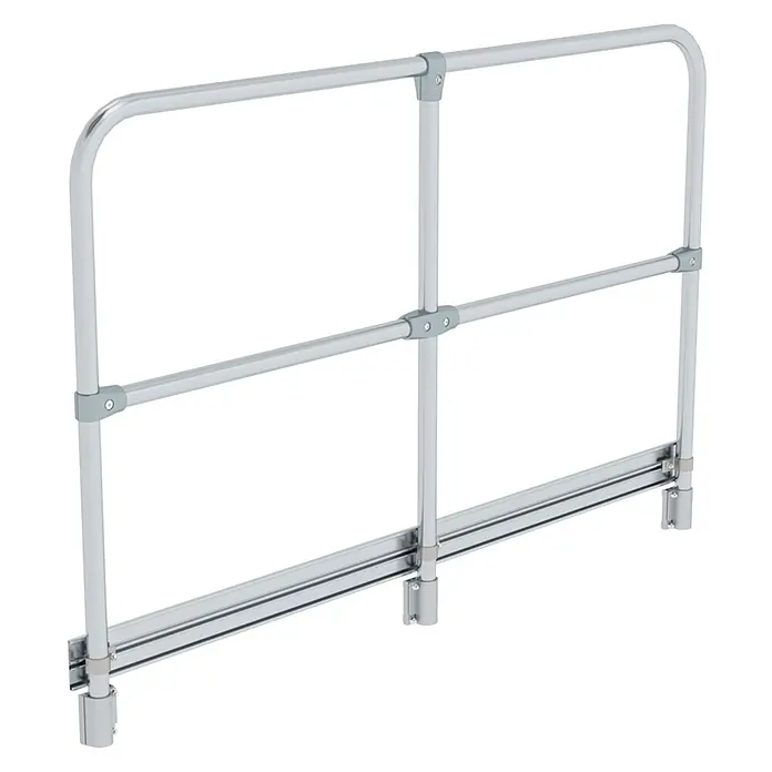 Munk Rollgerüst Geländer starr 1860mm Plattformlänge -  - Modulares, silberfarbenes Schutzgitter mit grauen Verbindern. Zwei horizontale Stangen und vertikale Stützen zur Absturzsicherung.