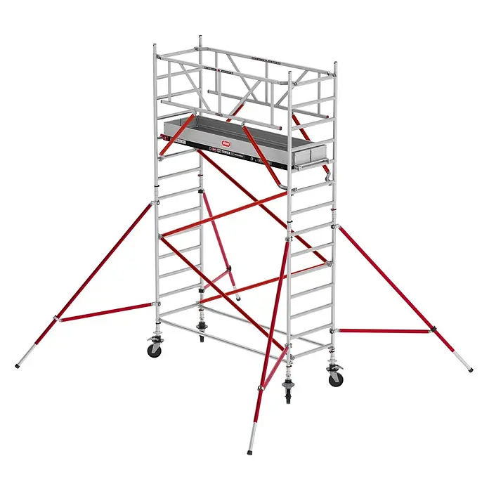Altrex Rollgerüst Fahrgerüst RS Tower 51 Plus Aluminium 0,90m breiter Rahmen mit Fiber-Deck - Arbeitshöhe: 5.200 m - Mobiles Aluminium-Rollgerüst mit roten Diagonalstreben, Auslegern und Lenkrollen.