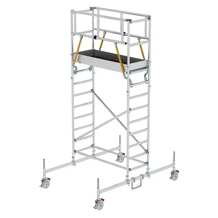 Munk Rollgerüst Rollgerüst SG 0,75x1,80m Plattform 5,07m AH - Arbeitshöhe: 5.070 m - Silbernes Aluminium-Rollgerüst mit Arbeitsplattform, Geländer, Querstreben, Auslegern und feststellbaren Rollen.