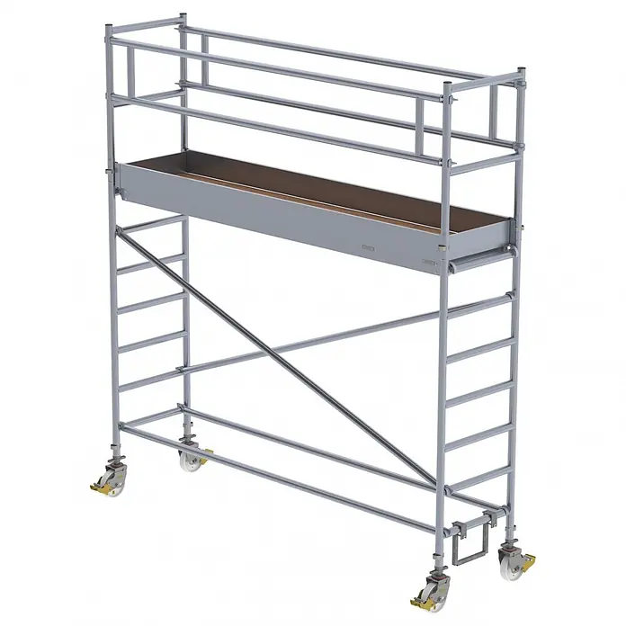 MUNK Rollgerüst mit Fahrbalken 0,75x3,00m Plattform 4,35m AH -  - Mobiles Gerüst aus silbernem Metall mit Rollen und integriertem braun ausgekleideten Pflanzkasten.