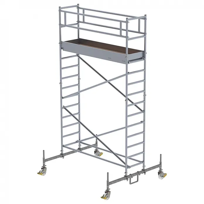 Munk Rollgerüst Rollgerüst mit Fahrbalken 0,75x2,45m Plattform 5,00m AH - Arbeitshöhe: 5.260 m - Mobiles Gerüst aus silbernem Aluminium mit Arbeitsplattform, Geländern und feststellbaren Lenkrollen.