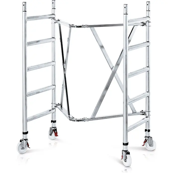 Zarges Rollgerüst Kleingerüst CompactMaster 1T 2,95m AH (DIN EN 1004:2004) - Arbeitshöhe: 2.950 m - Silberfarbenes Aluminium-Rollgerüst mit Sprossen, Kreuzstreben und feststellbaren Lenkrollen für Mobilität.