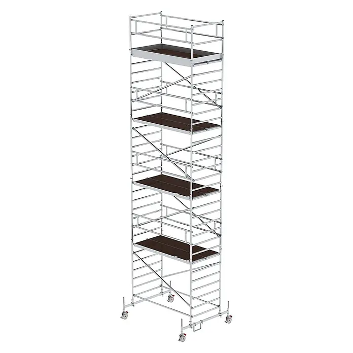MUNK Rollgerüst mit Doppelplattform 1,35x2,45m Plattform, 10,35m AH -  - Hohes, silbernes Rollgerüst mit mehreren dunkelbraunen Arbeitsplattformen und Rollen.