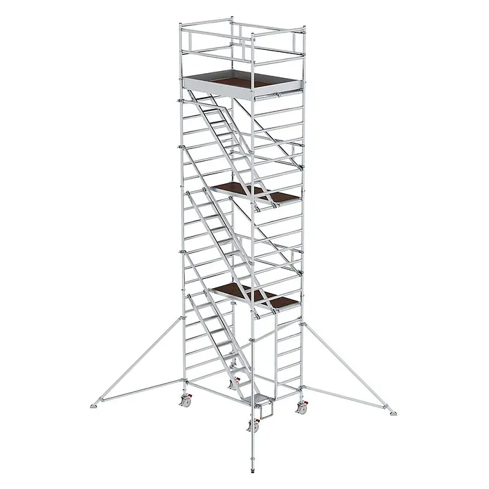 Munk Rollgerüst Rollgerüst mit Schrägaufstiegen 1,35x1,80m Plattform, 8,35m AH - Arbeitshöhe: 8.350 m - Hohes, mehrstöckiges Aluminium-Rollgerüst mit Plattformen, Innentreppen und Auslegern für Stabilität.
