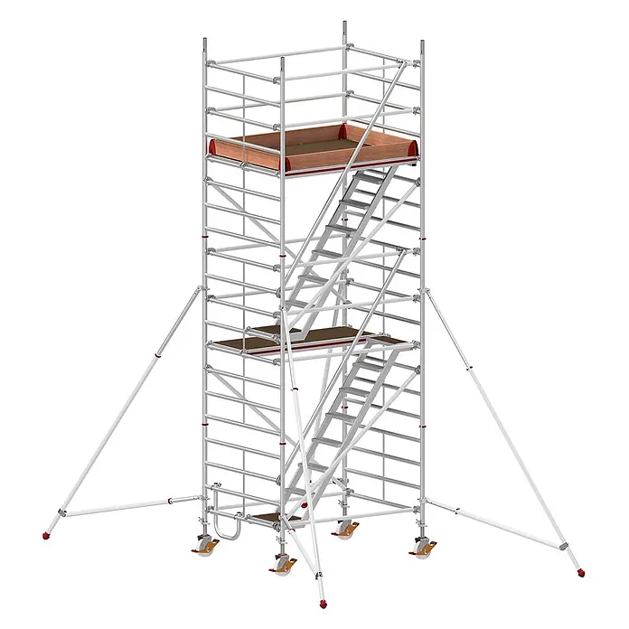 Hymer Rollgerüst Treppen-Fahrgerüst 5,64m Gerüsthöhe - Arbeitshöhe: 6.400 m - Silbernes Aluminium-Rollgerüst mit Treppenzugang, mehreren Plattformen und roten Auslegern/Rädern.