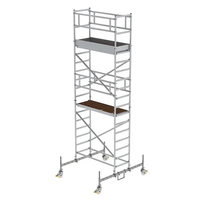 Munk Rollgerüst Rollgerüst mit Fahrbalken 0,75x1,80m Plattform 6,45m AH - Arbeitshöhe: 6.450 m - Silberfarbenes Rollgerüst mit zwei Plattformen und verstellbaren Auslegern auf Rädern.