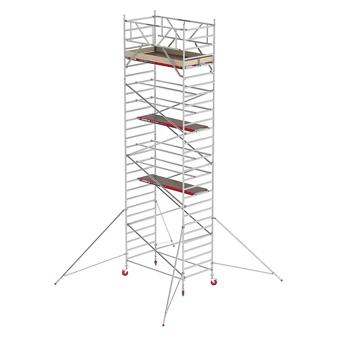Altrex Rollgerüst Fahrgerüst RS Tower 42 Aluminium mit Holz-Plattform 7,20m AH 1,35x2,45m - Arbeitshöhe: 7.200 m - Hoher, silberfarbener Rollgerüstturm mit roten und braunen Plattformen sowie roten Rollen und Standfüßen.