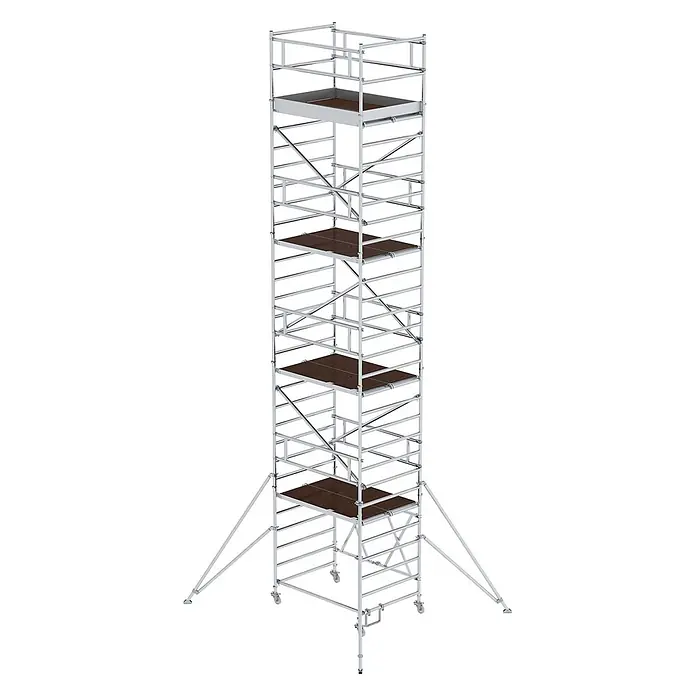 Munk Rollgerüst Klappgerüst 1,35x1,80m Plattform, 9,80m Arbeitshöhe - Arbeitshöhe: 9.800 m - Hohes, silberfarbenes Rollgerüst mit braunen Holzplattformen und stabilisierenden Auslegern.