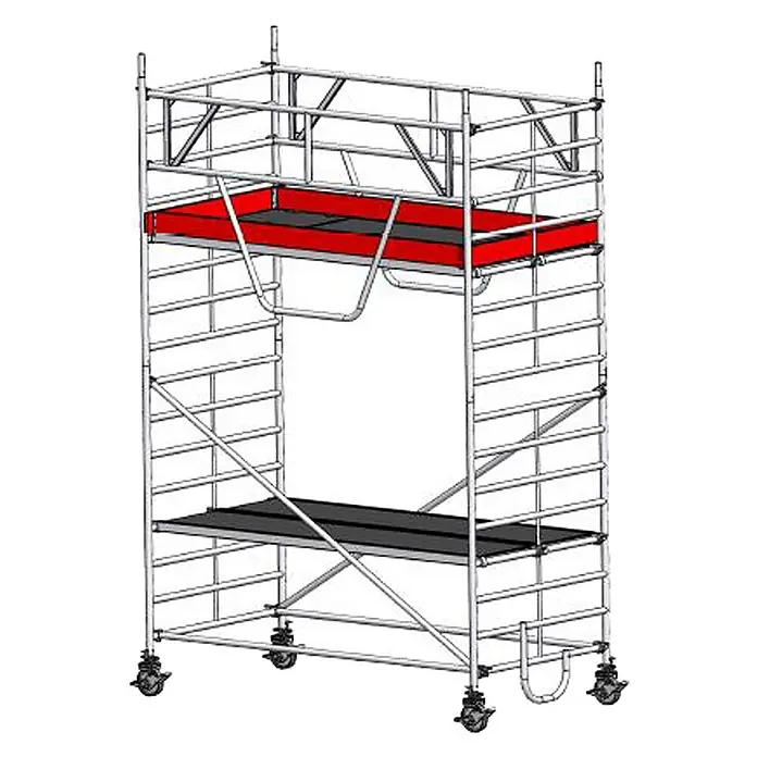 Euroline Rollgerüst Gerüst 9514 mit Sicherheitsaufbau 1,50x2,85m Fahrbalken verschiebbar 5,35m - Arbeitshöhe: 5.350 m - Fahrbares Aluminium-Gerüst mit roten und schwarzen Plattformen und Schutzgeländern, auf Rollen.