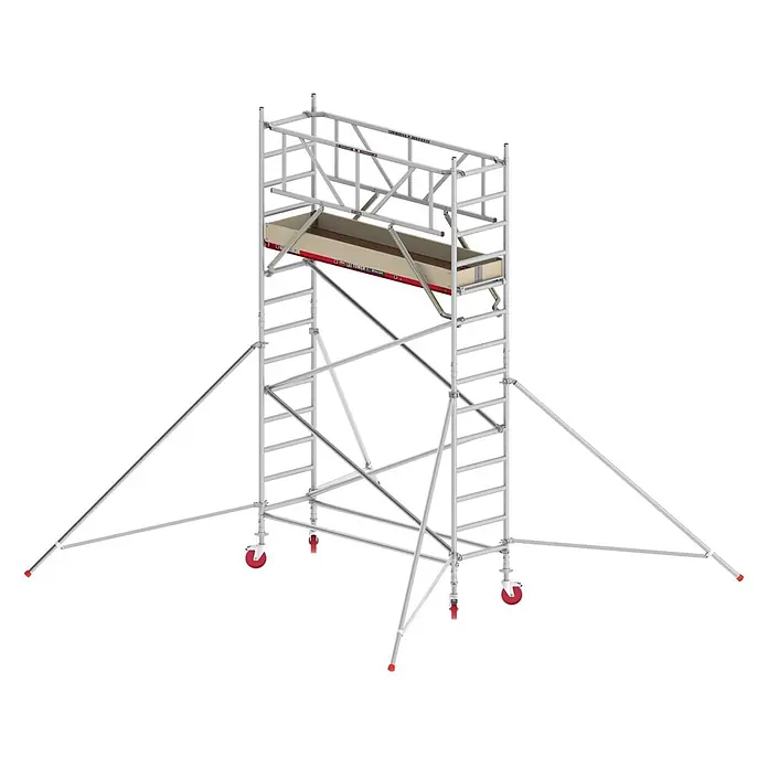 Altrex Rollgerüst Fahrgerüst RS Tower 41 Alu mit Holz-Plattform 5,20m AH breit 0,75x2,45m - Arbeitshöhe: 5.200 m - Mobiler Aluminium-Rollgerüstturm mit Holzplattform, roten Rädern und Stabilisierungsstützen.