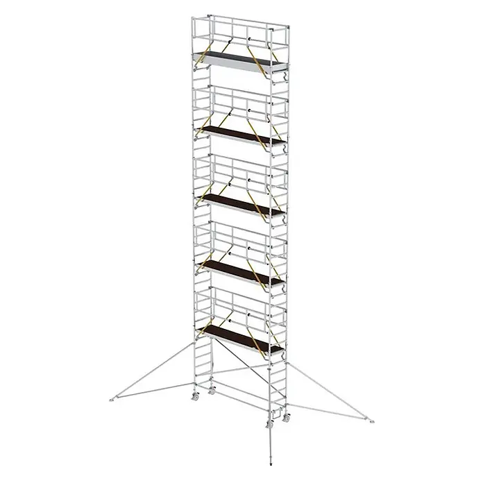 MUNK Rollgerüst SG mit Ausleger 0,75x3,00m Plattform 12,35m AH -  - Mobiler Aluminium-Gerüstturm mit mehreren dunklen Plattformen, Geländern, Rollen und Stabilisierungsstützen.