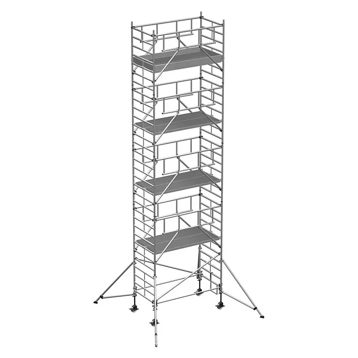 Zarges Rollgerüst Fahrgerüst MultiTower S-PLUS 2T mit Auslegern, doppelte Plattformbreite 2, - Arbeitshöhe: 10.400 m - Hoher, silberner Rollgerüstturm mit mehreren Arbeitsplattformen und Stabilisierungsstützen.