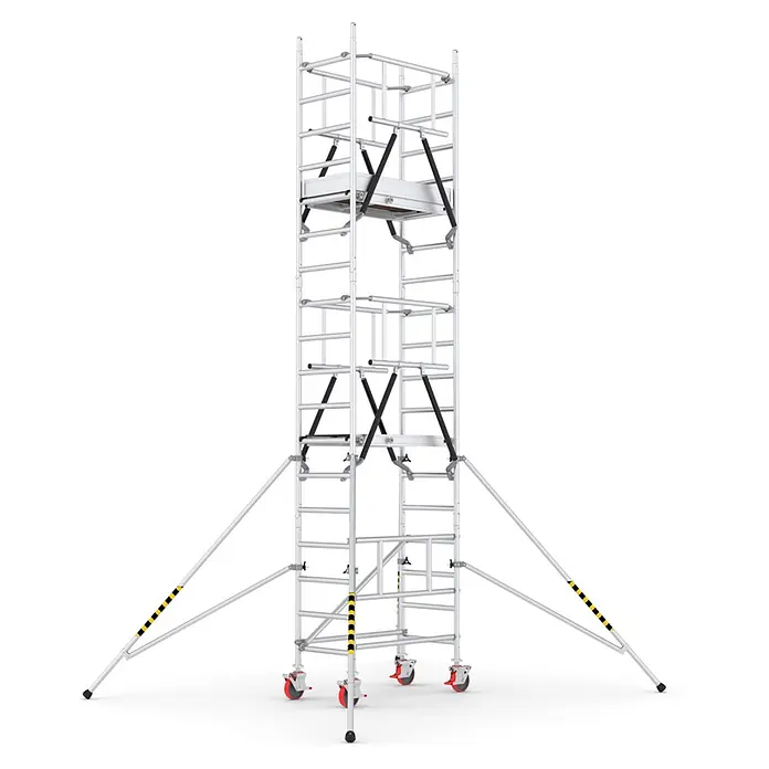 ABS Rollgerüst Ein-Personen-Arbeitsbühne bis zu 6,40m Arbeitshöhe - Arbeitshöhe: 6.400 m, Belastbarkeit Plattform: 200 kg - Hoher fahrbarer Aluminium-Gerüstturm mit roten Rollen, schwarz/gelben Auslegern und mehreren Arbeitsplattformen.