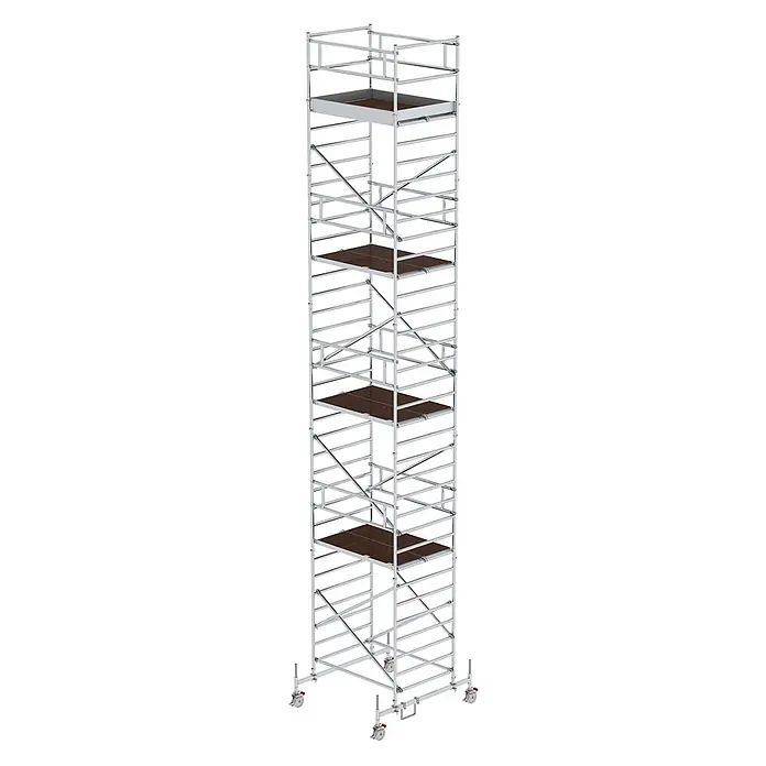 MUNK Rollgerüst mit Doppelplattform 1,35x1,80m Plattform, 11,35m AH -  - Hohes, silberfarbenes Fahrgerüst mit mehreren braunen Arbeitsbühnen und Lenkrollen.