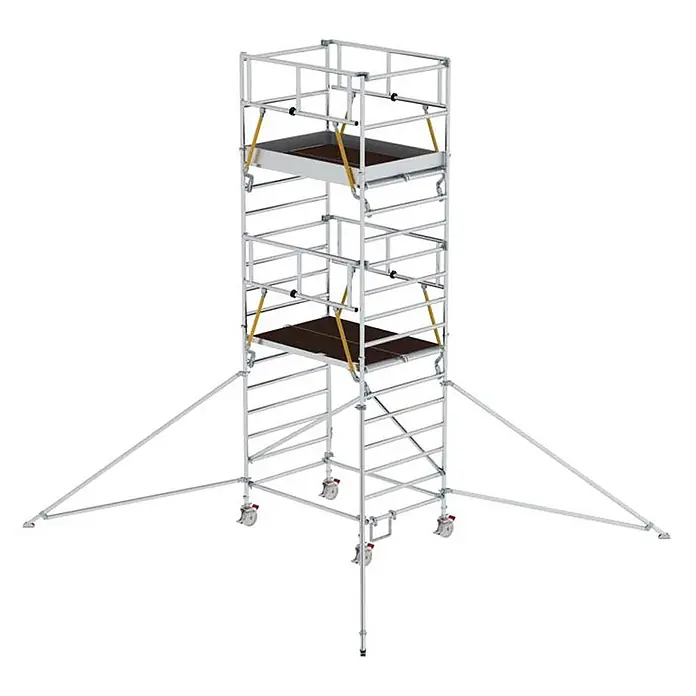 Munk Rollgerüst Rollgerüst SG mit Doppelplattform 1,35x2,45m und Ausleger 6,47m AH - Arbeitshöhe: 6.470 m - Zweistöckiges fahrbares Aluminiumgerüst in Silber mit zwei dunklen Plattformen, Rädern und Auslegern für Stabilität.